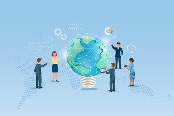 Business team with innovation networking and creative lightbulb in world shape. Inspiration and solution for business success and achievement. Vector.