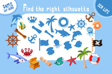 Find the correct silhouette, shadow. Puzzle game for kids. Big set of objects and sea, ocean animals. Cute cartoon items, characters. Vector colour illustration. 