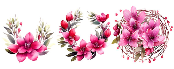 Watercolor Beautiful wedding wreath with Fuchsia  wildflowers and an element bundle