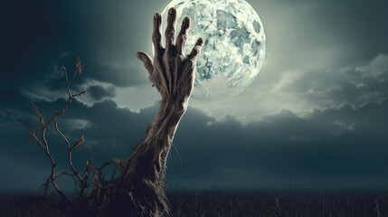 Naklejka na ściany i meble halloween background with zombie hand under the moonlight