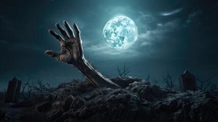 Naklejka na ściany i meble halloween background with zombie hand under the moonlight