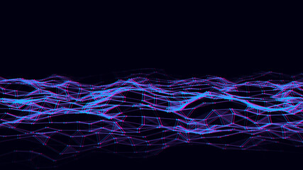 Abstract technology glitch wave of particles. Big data visualization. Vector background with motion dots and lines. Artificial intelligence.