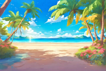 Fototapeta na wymiar Sea beach with palm trees and blue sky