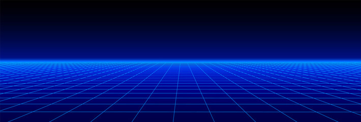 Retro fantastic background of the 80s. Vector mountain wireframe landscape with night sky. Futuristic neon scenery.