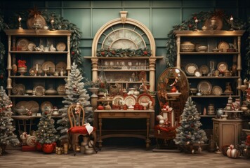 Indoor christmas shop wooden shelf. Generate Ai