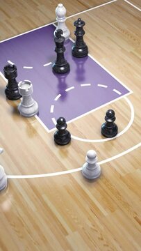 Basketball is like chess. Half court with chess pieces representing basketball players. 3d animation. Vertical orientation.