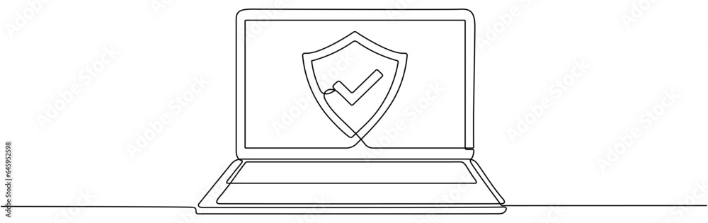 Poster laptop with shield and check mark continuous line drawing. open computer with protect linear symbol.