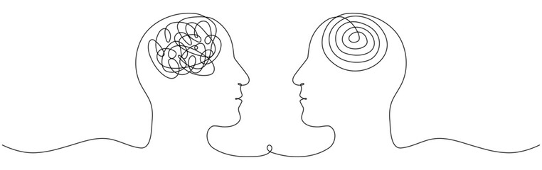 Two human heads with chaos and order thoughts continuous line drawn. Mental health therapy concept. Vector illustration isolated on white. - obrazy, fototapety, plakaty