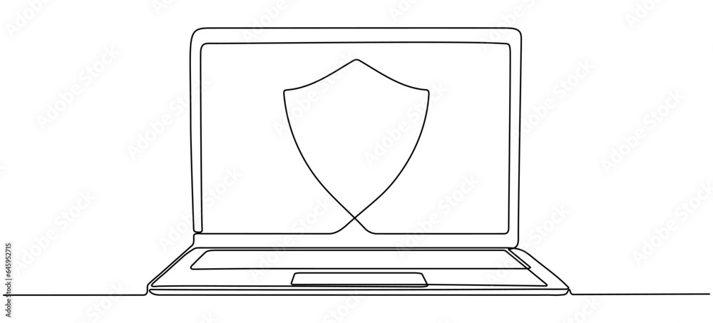 Poster laptop with shield continuous line drawing. open computer gadget with protect linear symbol. vector 