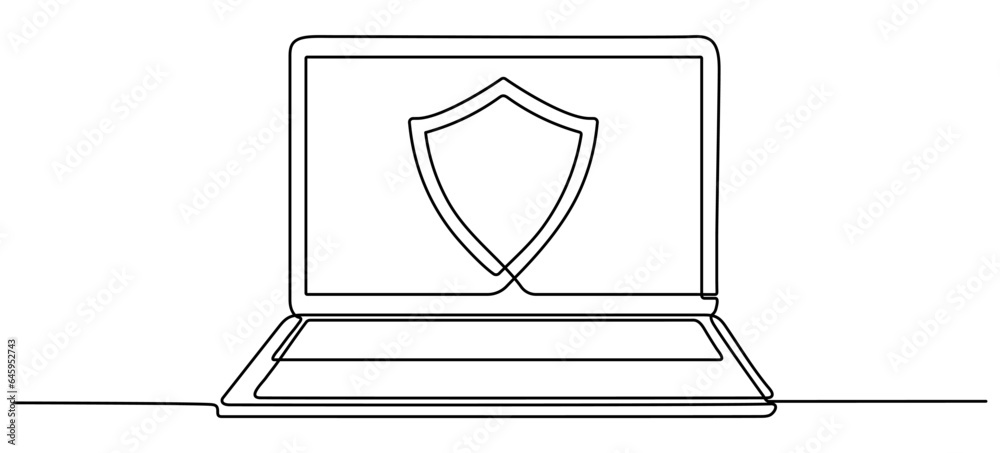 Poster laptop with shield continuous line drawing. open computer gadget with protect linear symbol. vector 