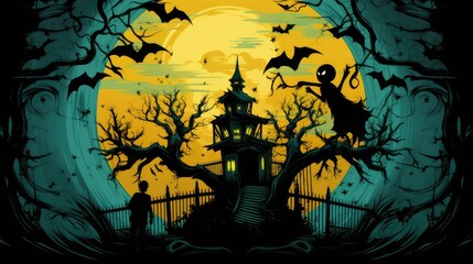 halloween silhouette background. bats on background of the old house, cemetery and full moon.