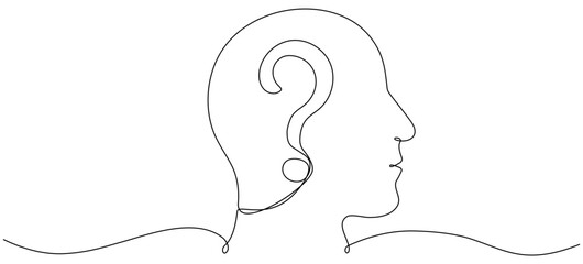 Continuous line drawing head with question mark. Thinking linear symbol. Brainstorming concept. Vector illustration isolated on white.