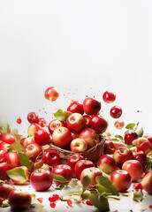 Falling red apples with green leaves and basket at white background, front view.