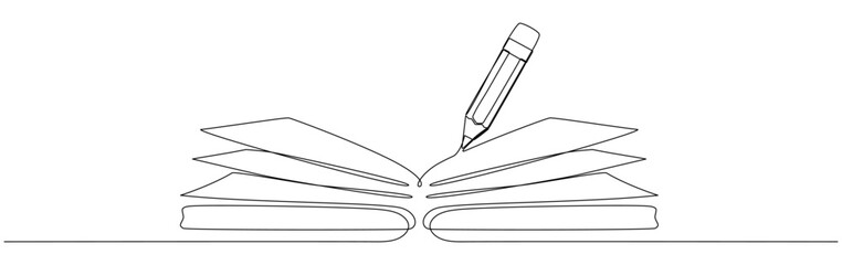 Naklejka premium Open book with pencil continuous one line art drawing. Notebook linear drawn. School education concept. Vector illustration isolated on white.