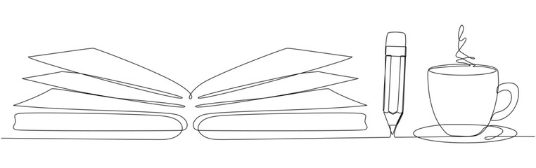 Open book with pencil and cup of coffee continuous one line art drawing. Notebook linear drawn. Vector illustration isolated on white.