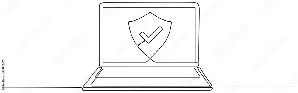 Poster laptop with shield and check mark continuous line drawing. open computer with protect linear symbol.
