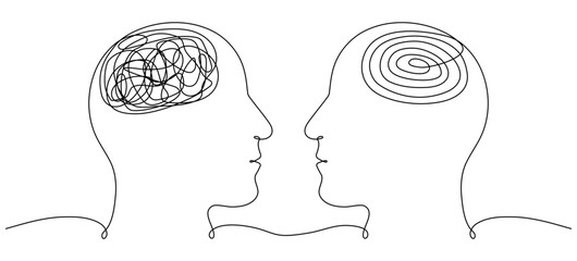 Two human heads with chaos and order thoughts continuous line drawn. Mental health therapy concept. Vector illustration isolated on white.