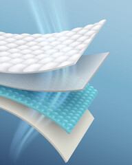 Details of quality absorbent pad materials Air will flow through easily helping to transfer heat. Keeps the outer surface dry and comfortable. Not sticky. realistic vector illustration. © Vectorman2017