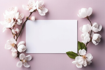 Blank card with cherry blossoms on pink background. Flat lay, top view