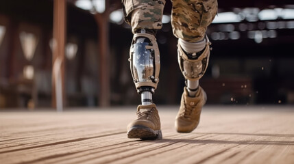 Legs of a man with a prosthetic leg in a military uniform.