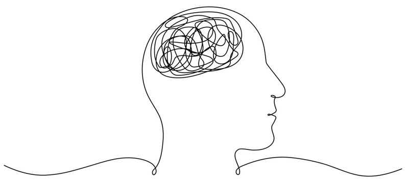 recommend clip art: Continuous one line drawing of man head. Male head with confused thoughts. Depressed concept. Bad mental health linear symbol. Vector illustration isolated on white.