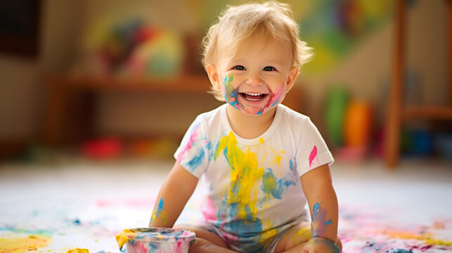 Cute baby boy playing with colorful paints and having fun at home