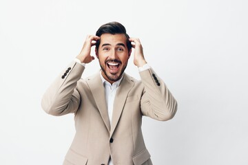 man happy business standing businessman winner suit hand victory beige arm