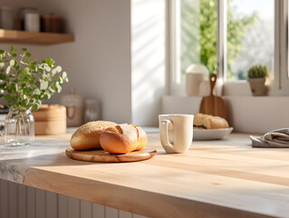 Beautiful modern kitchen countertop with freshly baked bread, and a cup of coffee and tea, sunny morning breakfast - obrazy, fototapety, plakaty