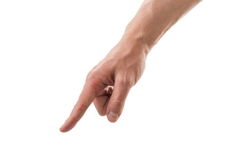 Man hand pointing on something isolated on white