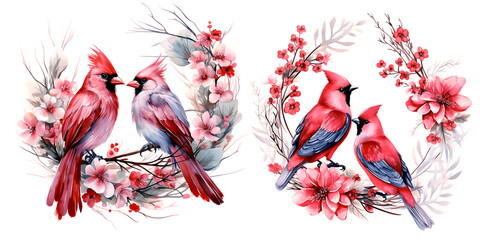Watercolor Beautiful wedding wreath with two red cardinals standing in a circular wreath of flowers