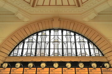 Leadlight window ''above the clocks'' at the main entrance to the Flinders Stret Station ticket hall. Melbourne-Australia-918