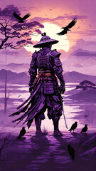 A Lonely Samurai Waiting for the Hunt in the Sunset 
