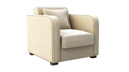 A beige textile modern rectangular armchair, on brown rectangular legs, is isolated on a transparent background.