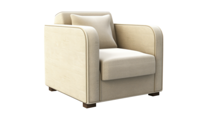 A beige textile modern rectangular armchair, on brown rectangular legs, is isolated on a transparent background.