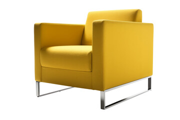 A yellow modern rectangular armchair, on silver long legs, is isolated on a transparent background.