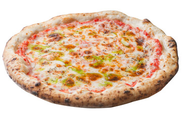 Pizza margarita with tomato sauce, melted cheese and pesto