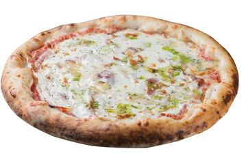 Pizza with ham, tomato sauce, melted cheese and pesto