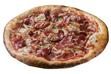 Pizza with salami, ham, sausage and tomato sauce