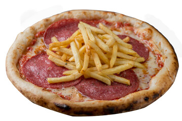 Pizza with salami, sausage and french fries