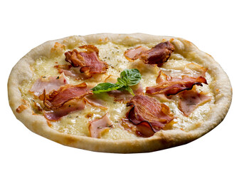 Pizza with bacon, ham, jamon and Parmesan.