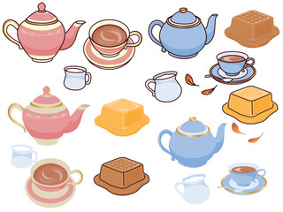 紅茶のイラスト(ミルクティー、バター、キャラメル、ミルク、線画、ティーポット、カフェ) An illustration of tea.Milk tea, butter, caramel, milk, line drawing, teapot and cafe.
