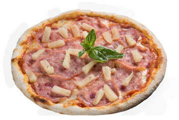 Pizza with salami, sausage and pineapple with tomato sauce.