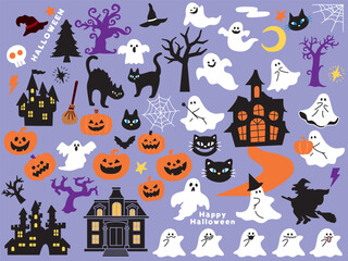 ハロウィンの可愛いイラスト(おばけ、城、魔女、黒猫、パンプキン、イベント) Cute Halloween illustration.Ghosts, castles, witches, black cats, pumpkins and events.
