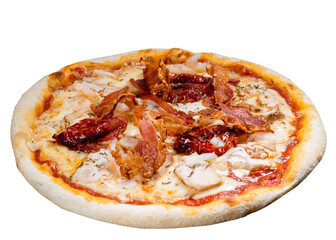 Pizza with chicken, bacon and sun-dried tomatoes.
