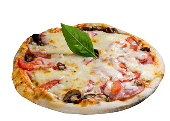 Pizza with mushrooms and chicken with tomato sauce and melted cheese.
