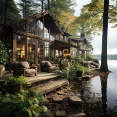  A rustic cabin by a tranquil lake 
