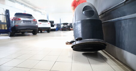 Close-up of special utility for ensuring low level of dirtiness in modern engineering car repairing service station with tools sensitive towards unhygienic workplace