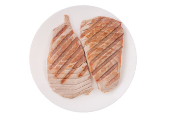 cooked tuna steak on a white plate isolated on transparent background png. Tuna fish steak grilled 