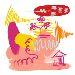 summer scene Colorful children pencil doodle seamless pattern set. Childish freehand scribble and hand drawn crayon shapes background collection.