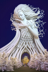 White statue of a goddess with long white hair inciting to meditation, AI generated